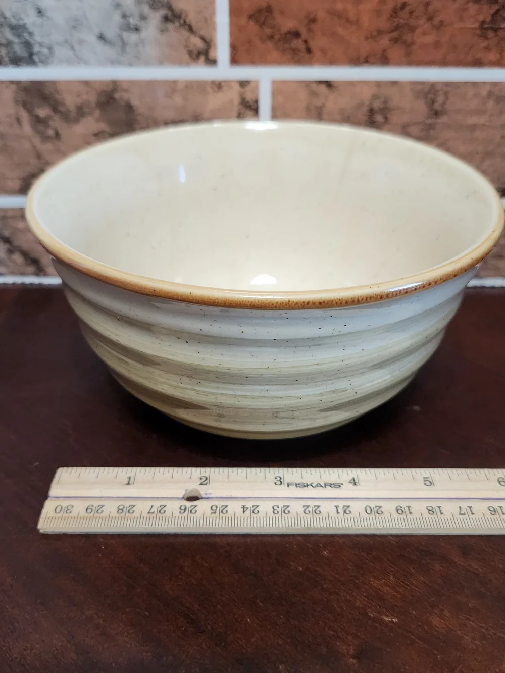Gibson Cream and Tan Glazed Ceramic Serving Bowl